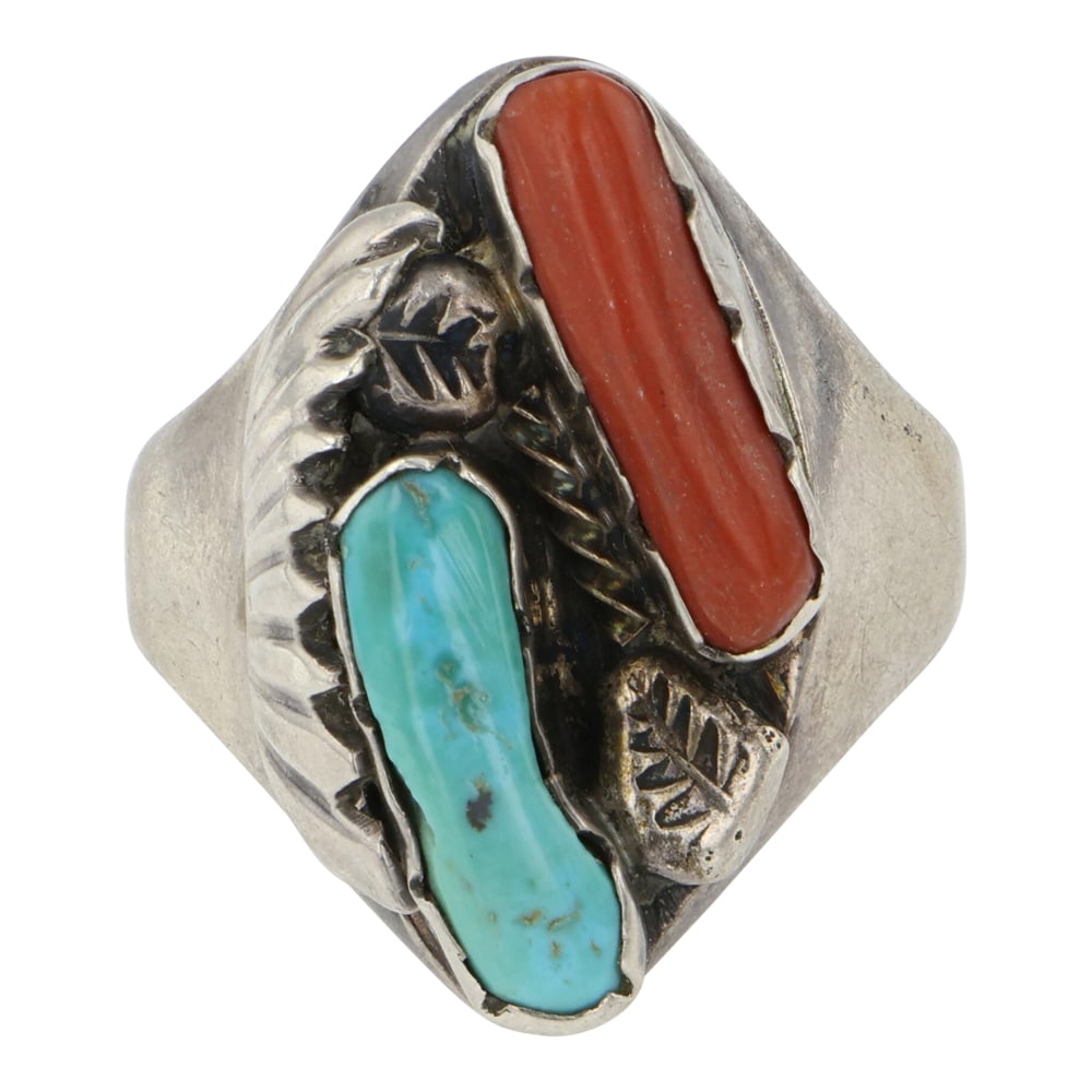 Vintage Navajo Turquoise & Coral Freeform Ring: Sterling Silver | Genuine Turquoise & Coral | Vintage Navajo Turquoise & Coral Freeform Ring | Navajo Native American Southwest Indian Jewelry | Good (no breaks or damages) | Approximate Weight: 14 Gr