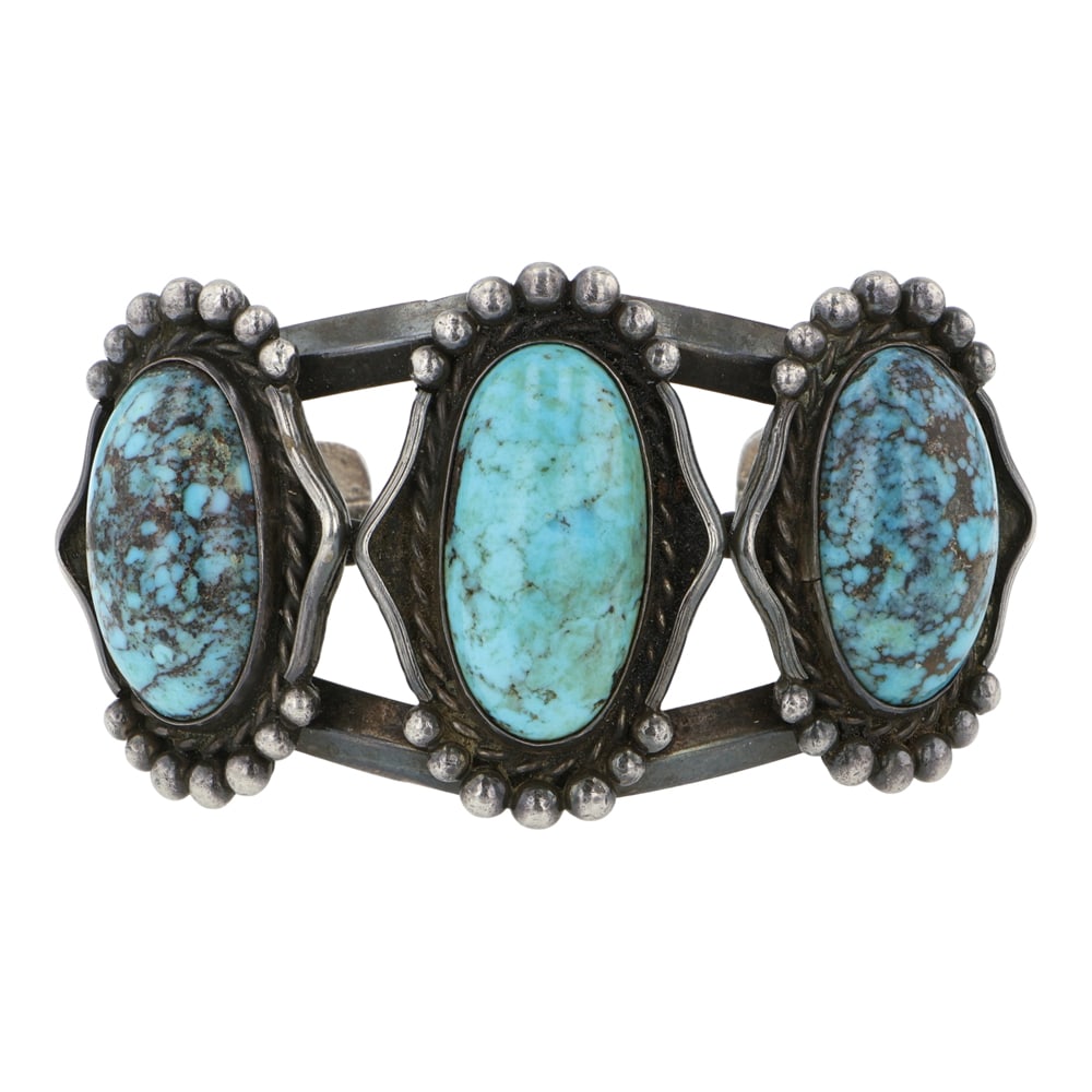 Vintage Navajo Persian Turquoise Three Stone Bracelet: Sterling Silver | Genuine Persian Turquoise | Vintage Navajo Persian Turquoise Three Stone Bracelet | Navajo Native American Southwest Indian Jewelry | Good (no breaks or damages) | Approximate Weight