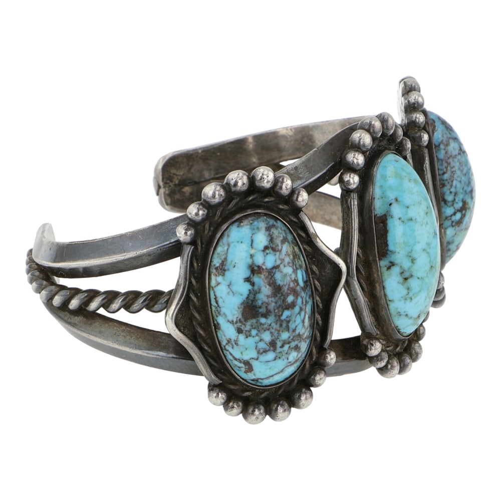Vintage Navajo Persian Turquoise Three Stone Bracelet - 2