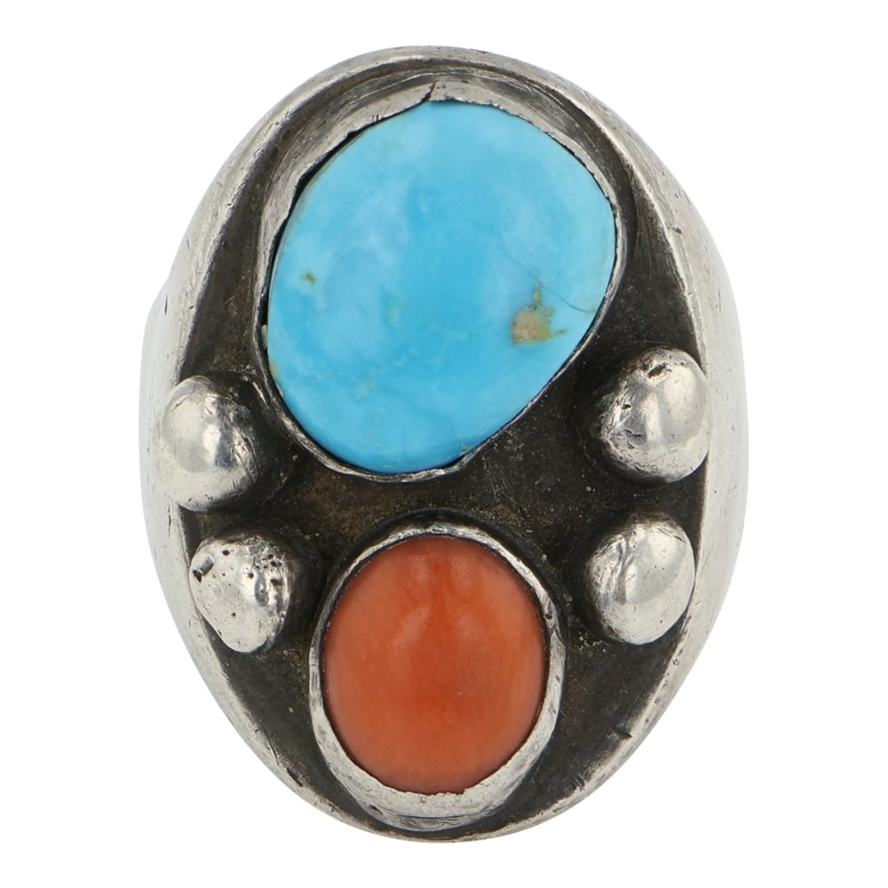 Vintage Navajo Turquoise & Coral Men's Ring (1 of 3)
