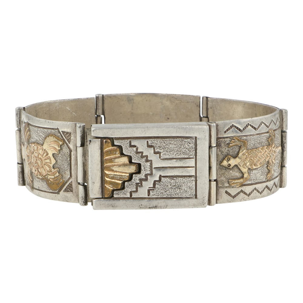 Alonzo Mariano Navajo Vintage Sterling Silver & 12K Gold Filled Detailed Intricate Link Bracelet: Sterling Silver | | Alonzo Mariano Navajo Vintage Sterling Silver & 12K Gold Filled Detailed Intricate Link Bracelet | Navajo Native American Southwest Indian Jewelry | Good (no breaks or damages) | A