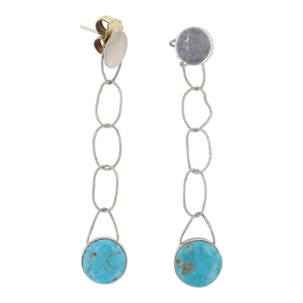 Veronica Poblano Award Winning Zuni World Famous Nevada Turquoise Contemporary Design Earrings: Sterling Silver | Genuine Nevada Turquoise | Veronica Poblano Award Winning Zuni World Famous Nevada Turquoise Contemporary Design Earrings | Zuni Native American Southwest Indian Jewelry | Good (no b
