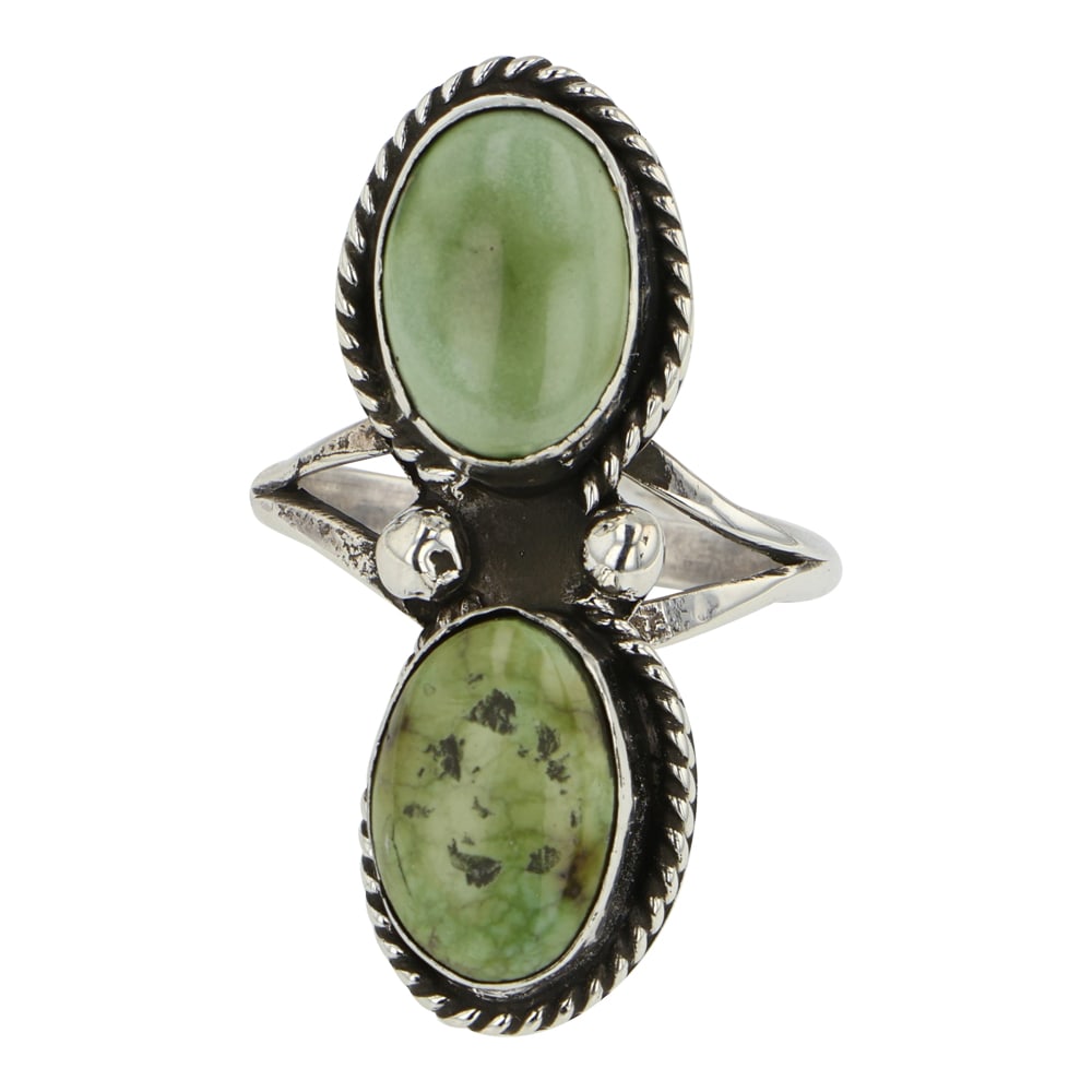 Navajo Emerald Valley Turquoise Two Stone Ring: Sterling Silver | Genuine Emerald Valley Turquoise | Navajo Emerald Valley Turquoise Two Stone Ring | Navajo Native American Southwest Indian Jewelry | Good (no breaks or damages) | Approximate Weight