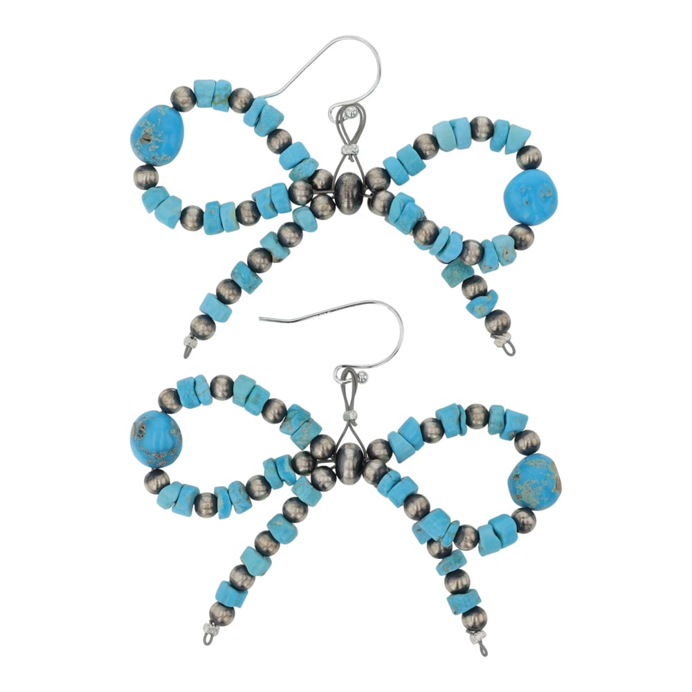 Navajo Kingman Turquoise & Oxidized Beads Bow Tie Earrings: Sterling Silver | Genuine Kingman Turquoise | Navajo Kingman Turquoise & Oxidized Beads Bow Tie Earrings | Navajo Native American Southwest Indian Jewelry | Good (no breaks or damages) | Approximate W