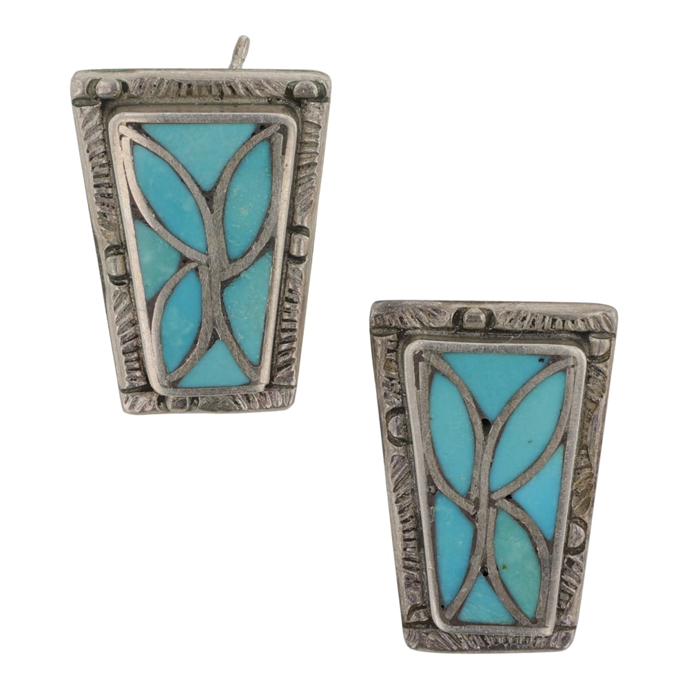 Vintage Zuni Sleeping Beauty Turquoise Inlay Earrings: Sterling Silver | Genuine Sleeping Beauty Turquoise | Vintage Zuni Sleeping Beauty Turquoise Inlay Earrings | Zuni Native American Southwest Indian Jewelry | Good (no breaks or damages) | Approximate