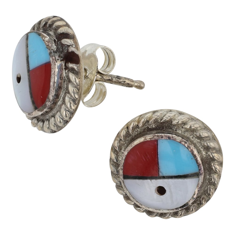 Zuni Turquoise Coral Mother of Pearl Inlay Earrings: Sterling Silver | Genuine Turquoise, Coral, Mother of Pearl | Zuni Turquoise Coral Mother of Pearl Inlay Earrings | Zuni Native American Southwest Indian Jewelry | Good (no breaks or damages) | Approx