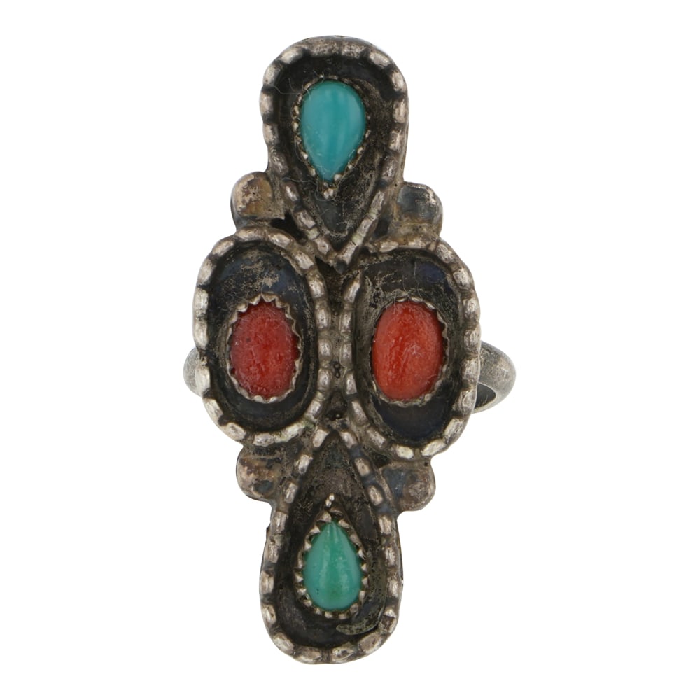 Vintage Navajo Turquoise & Coral Ring: Sterling Silver | Genuine Turquoise & Coral | Vintage Navajo Turquoise & Coral Ring | Navajo Native American Southwest Indian Jewelry | Good (no breaks or damages) | Approximate Weight: 8 Grams | Ring
