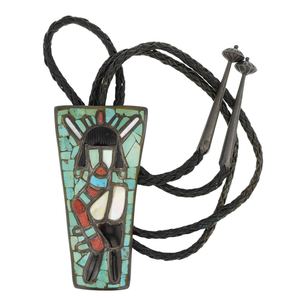 Vintage Zuni Turquoise Coral Acoma Jet & MoP Detailed Intricate Inlay Bolo Tie (1 of 3)