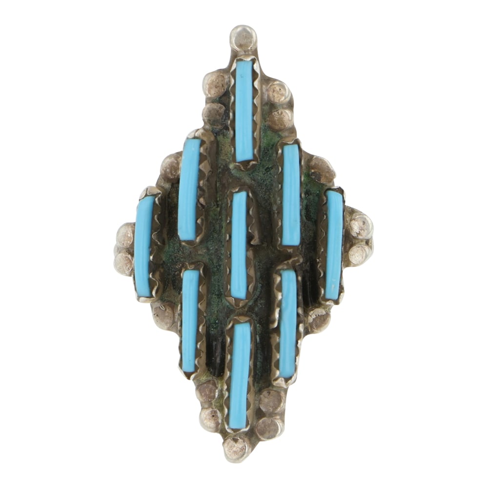 Zuni Turquoise Needlepoint Ring: Sterling Silver | Genuine Turquoise | Zuni Turquoise Needlepoint Ring | Zuni Native American Southwest Indian Jewelry | Good (no breaks or damages) | Approximate Weight: 3 Grams | Ring: 7.5 size, 1.25