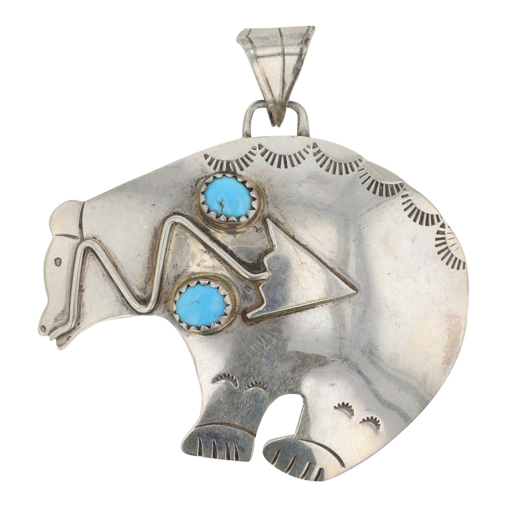 Vintage Navajo Kingman Turquoise Bear Pendant: Sterling Silver | Genuine Kingman Turquoise | Vintage Navajo Kingman Turquoise Bear Pendant | Navajo Native American Southwest Indian Jewelry | Good (no breaks or damages) | Approximate Weight: 8 Gram