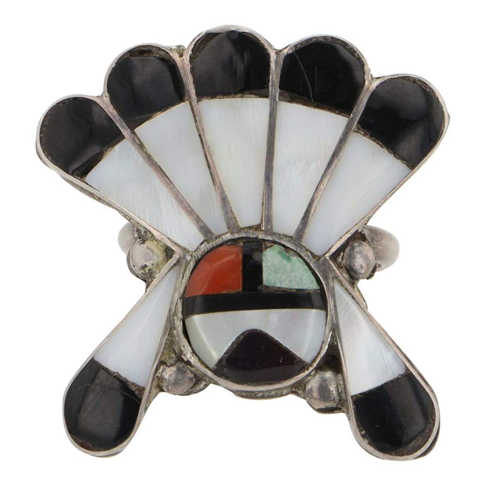 Vintage Zuni Turquoise Coral Mother of pearl & Acoma jet inlay ring: Sterling Silver | Genuine Turquoise, Coral, Mother of Pearl & Acoma Jet | Vintage Zuni Turquoise Coral Mother of pearl & Acoma jet inlay ring | Zuni Native American Southwest Indian Jewelry | Good (no