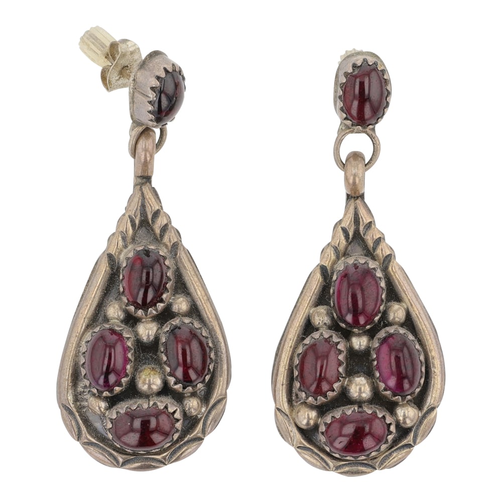 Navajo Garnet Teardrop Earrings: Sterling Silver | Genuine Garnet | Navajo Garnet Teardrop Earrings | Navajo Native American Southwest Indian Jewelry | Good (no breaks or damages) | Approximate Weight: 10 Grams | Earrings: 2" x