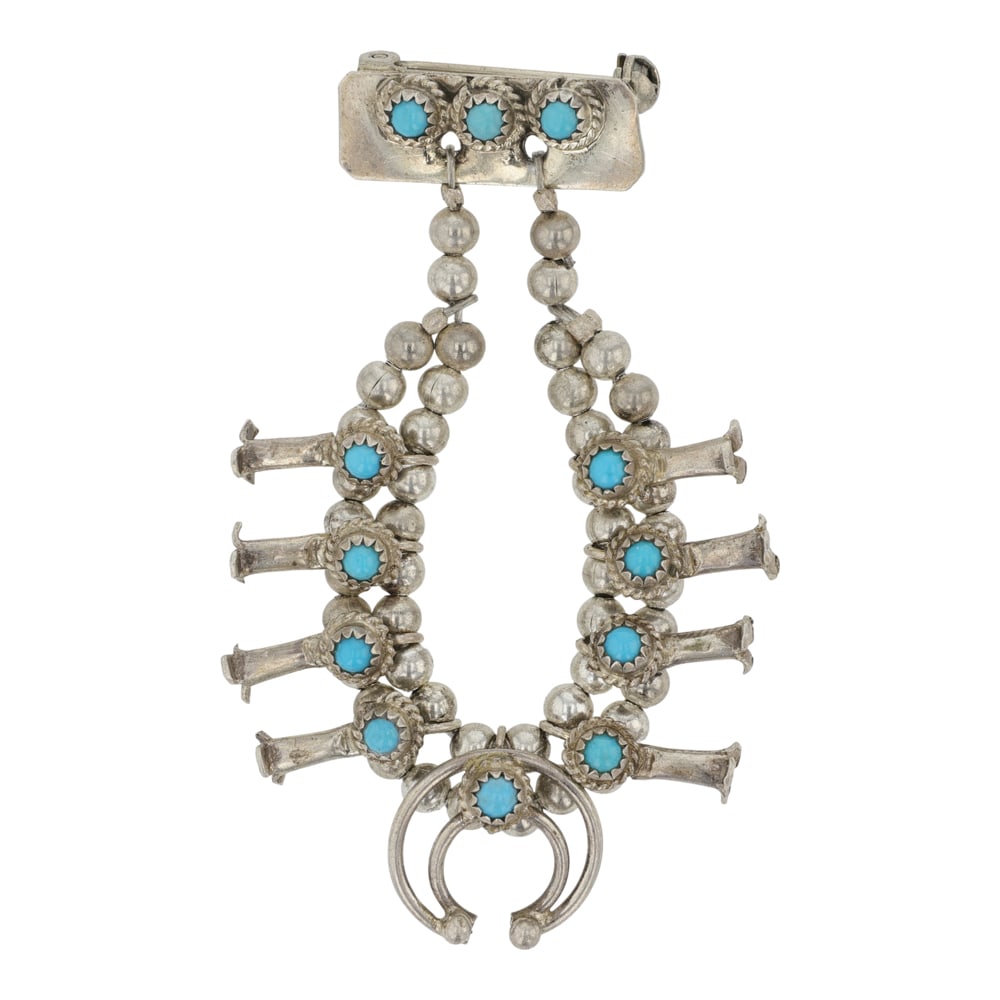 Vintage Navajo Sleeping Beauty Turquoise Mini Squash Blossom Pin: Sterling Silver | Genuine Sleeping Beauty Turquoise | Vintage Navajo Sleeping Beauty Turquoise Mini Squash Blossom Pin | Navajo Native American Southwest Indian Jewelry | Good (no breaks or damages) |