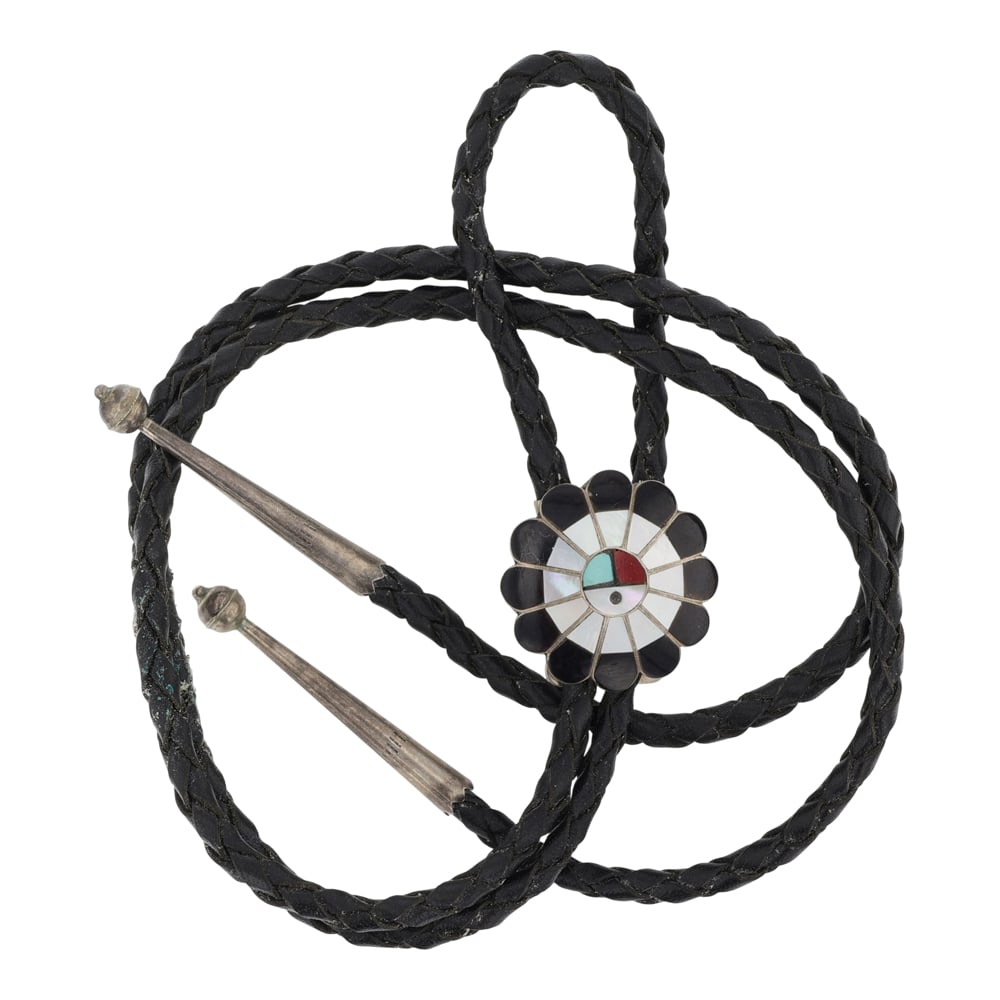Vintage Zuni Turquoise Coral Acoma Jet & Mother of Pearl Inlay Bolo Tie: Sterling Silver | Genuine Turquoise, Acoma Jet & Mother of Peral | Vintage Zuni Turquoise Coral Acoma Jet & Mother of Pearl Inlay Bolo Tie | Zuni Native American Southwest Indian Jewelry | Good (no br