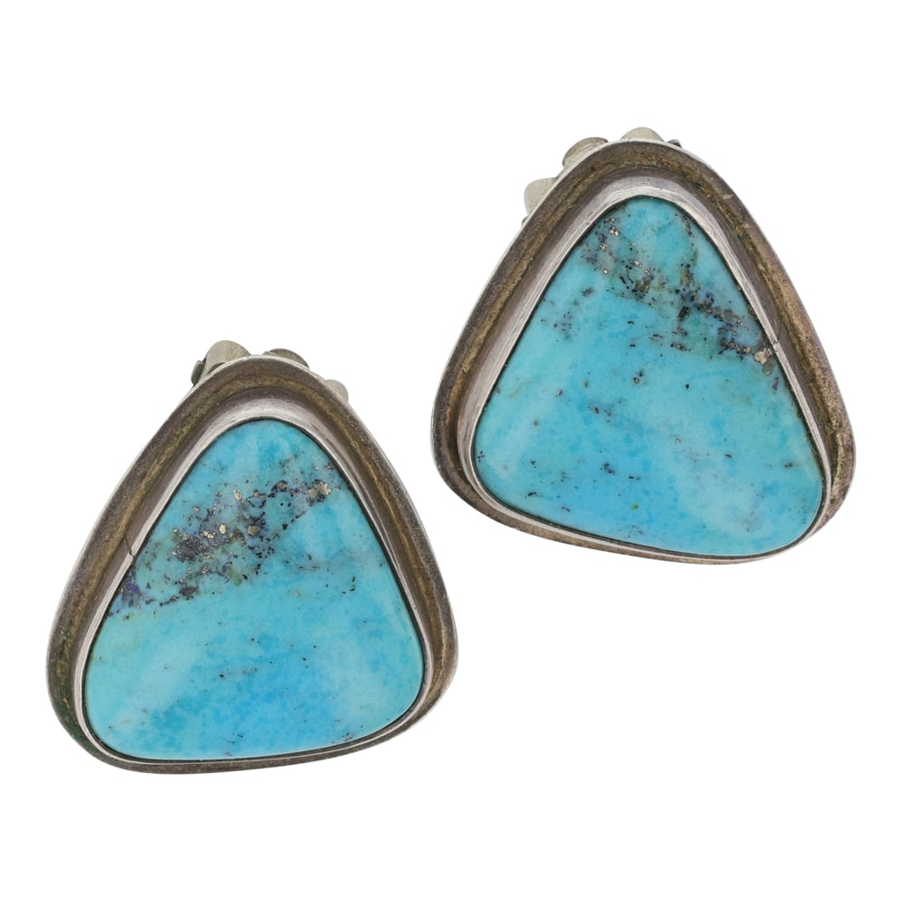 Everett & Mary Teller Navajo Compitos Turquoise Clip-on Earrings: Sterling Silver | Genuine Compitos Turquoise | Everett & Mary Teller Navajo Compitos Turquoise Clip-on Earrings | Navajo Native American Southwest Indian Jewelry | Good (no breaks or damages) | Approx