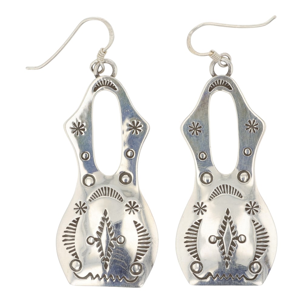 Navajo Plain Silver Stamp Work Pottery Earrings: Sterling Silver | | Navajo Plain Silver Stamp Work Pottery Earrings | Navajo Native American Southwest Indian Jewelry | Good (no breaks or damages) | Approximate Weight: 6 Grams | Earrings: 1.75" x .7