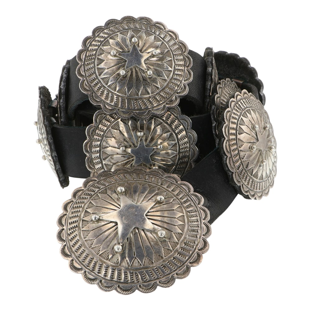 John Delvin Navajo Vintage Stamp Work Concho Belt: Sterling Silver | | John Delvin Navajo Vintage Stamp Work Concho Belt | Navajo Native American Southwest Indian Jewelry | Good (no breaks or damages) | Approximate Weight: 349 Grams | Belt: 36" length