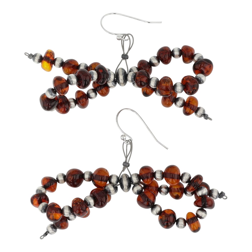 Navajo Amber & Oxidized Beads Bow Tie Earrings: Sterling Silver | Genuine Amber | Navajo Amber & Oxidized Beads Bow Tie Earrings | Navajo Native American Southwest Indian Jewelry | Good (no breaks or damages) | Approximate Weight: 11 Grams | Earrin