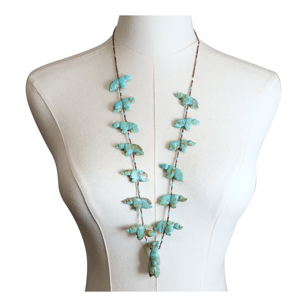 Zuni Turquoise & Shell Bear Fetish Necklace: Sterling Silver | Genuine Turquoise & Shell | Zuni Turquoise & Shell Bear Fetish Necklace | Zuni Native American Southwest Indian Jewelry | Good (no breaks or damages) | Approximate Weight: 58