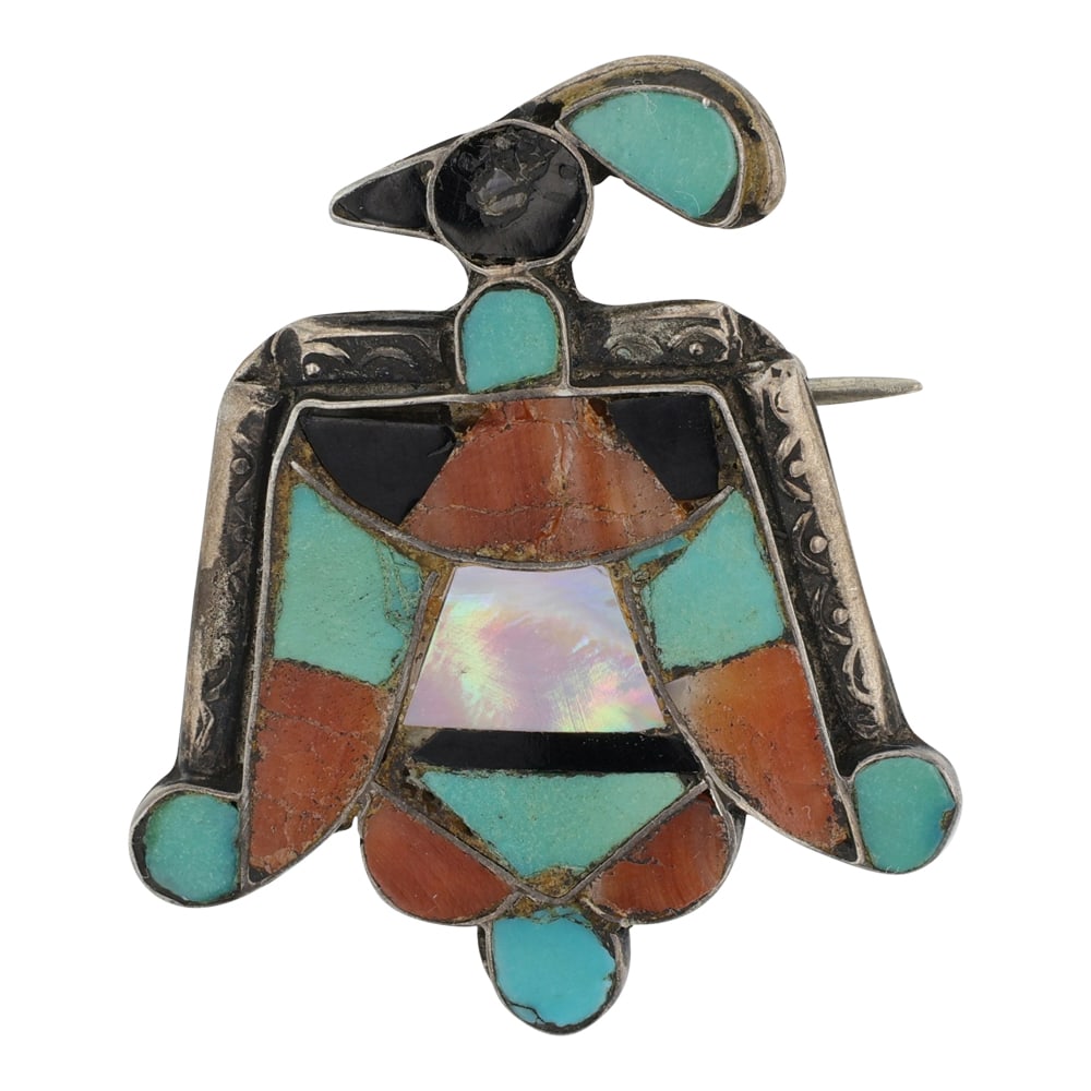 Vintage Zuni Turquoise Coral & Mother of Pearl Inlay Pin: Sterling Silver | Genuine Turquoise, Coral & Mother of Pearl | Vintage Zuni Turquoise Coral & Mother of Pearl Inlay Pin | Zuni Native American Southwest Indian Jewelry | Good (no breaks or damages) |