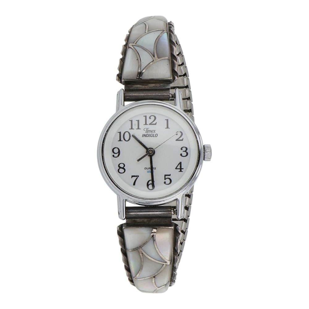 Zuni Mother of Pearl Inlay Watch: Sterling Silver | Genuine Mother of Pearl & Coral | Zuni Mother of Pearl Inlay Watch | Zuni Native American Southwest Indian Jewelry | Good (no breaks or damages) | Approximate Weight: 22 Grams | Watc