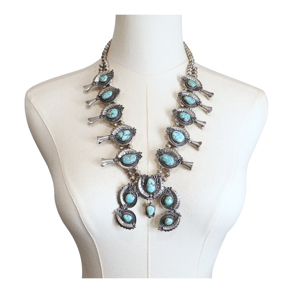 Vintage 1970's Navajo Lone Mountain Turquoise Squash Blossom Necklace (1 of 4)