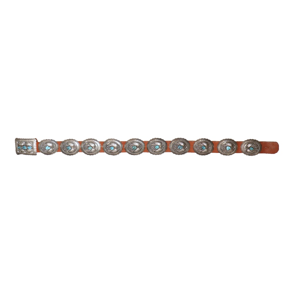 Fred Guerro (1934-2020) Master Navajo Artist Kingman Turquoise Stamp Work & Lead Work Concho Belt: Sterling Silver | Genuine Kingman Turquoise | Fred Guerro (1934-2020) Master Navajo Artist Kingman Turquoise Stamp Work & Lead Work Concho Belt | Navajo Native American Southwest Indian Jewelry | Good