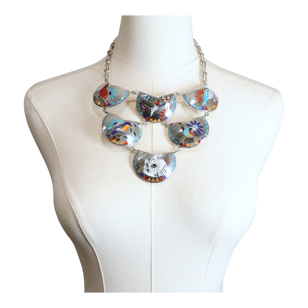 Quentin Quam Sr. Award Winning Zuni Artist Turquoise Coral Lapis Mother of Pearl & Spiny Oyster: Sterling Silver | Genuine Turquoise, Coral, Lapis, Mother of Pearl & Spiny Oyster | Quentin Quam Sr. Award Winning Zuni Artist Turquoise Coral Lapis Mother of Pearl & Spiny Oyster Inlay ( Birds of the