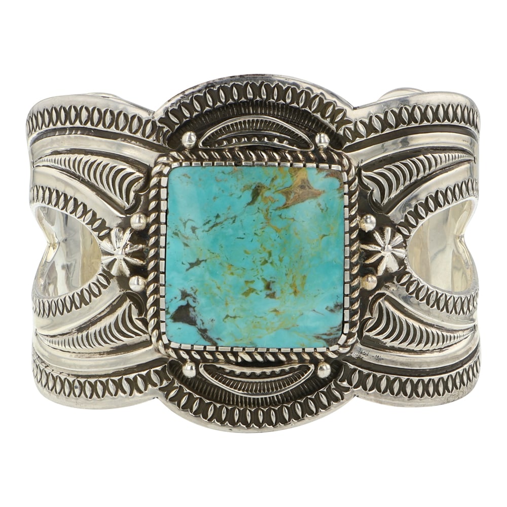 Roland Dixson Talented Navajo Artist Nevada Turquoise Intricate Stamp Work Wide Cuff Bracelet (1 of 3)