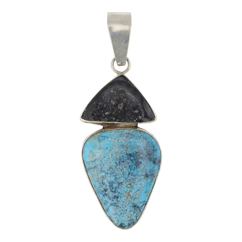 Ella Peter Navajo Turquoise & Druzy Quartz Pendant: Sterling Silver | Genuine Turquoise & Druzy Quartz | Ella Peter Navajo Turquoise & Druzy Quartz Pendant | Navajo Native American Southwest Indian Jewelry | Good (no breaks or damages) | Approximate We