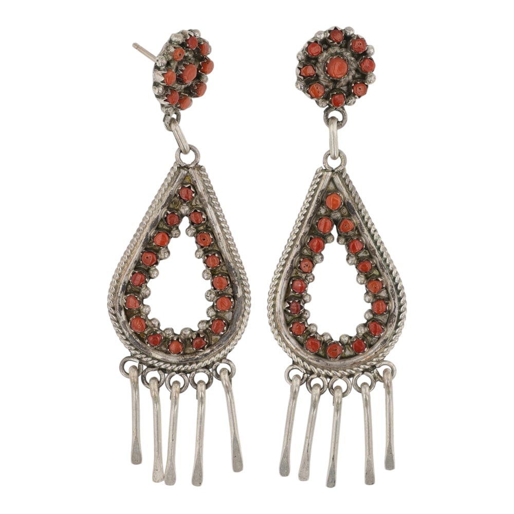 Vintage Zuni Mediterranean Coral Petit Point Earrings: Sterling Silver | Genuine Mediterranean Coral | Vintage Zuni Mediterranean Coral Petit Point Earrings | Zuni Native American Southwest Indian Jewelry | Good (no breaks or damages) | Approximate Weight
