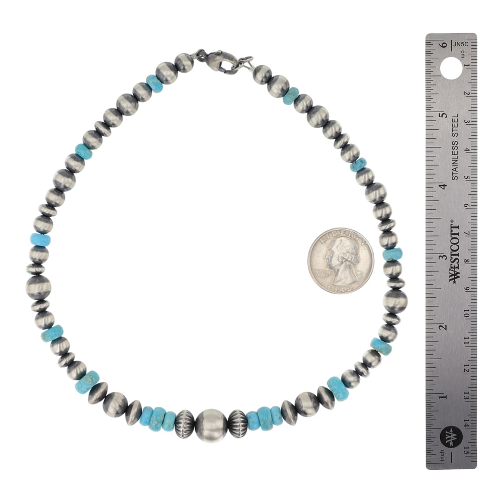 Navajo Oxidized beads & Kingman Turquoise Mixed Sizes 6-10mm Graduated Beads Necklace - 2