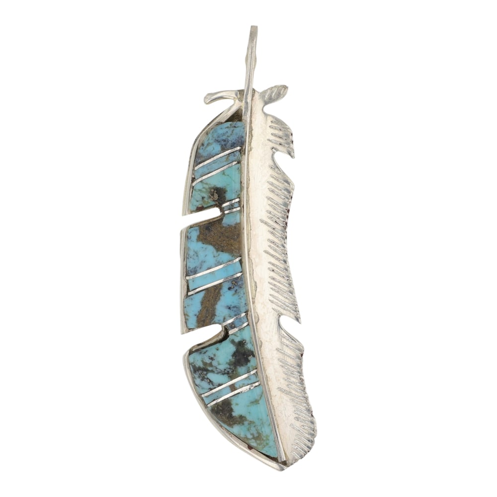 Zuni Compitos Turquoise Inlay Feather Pendant (1 of 2)