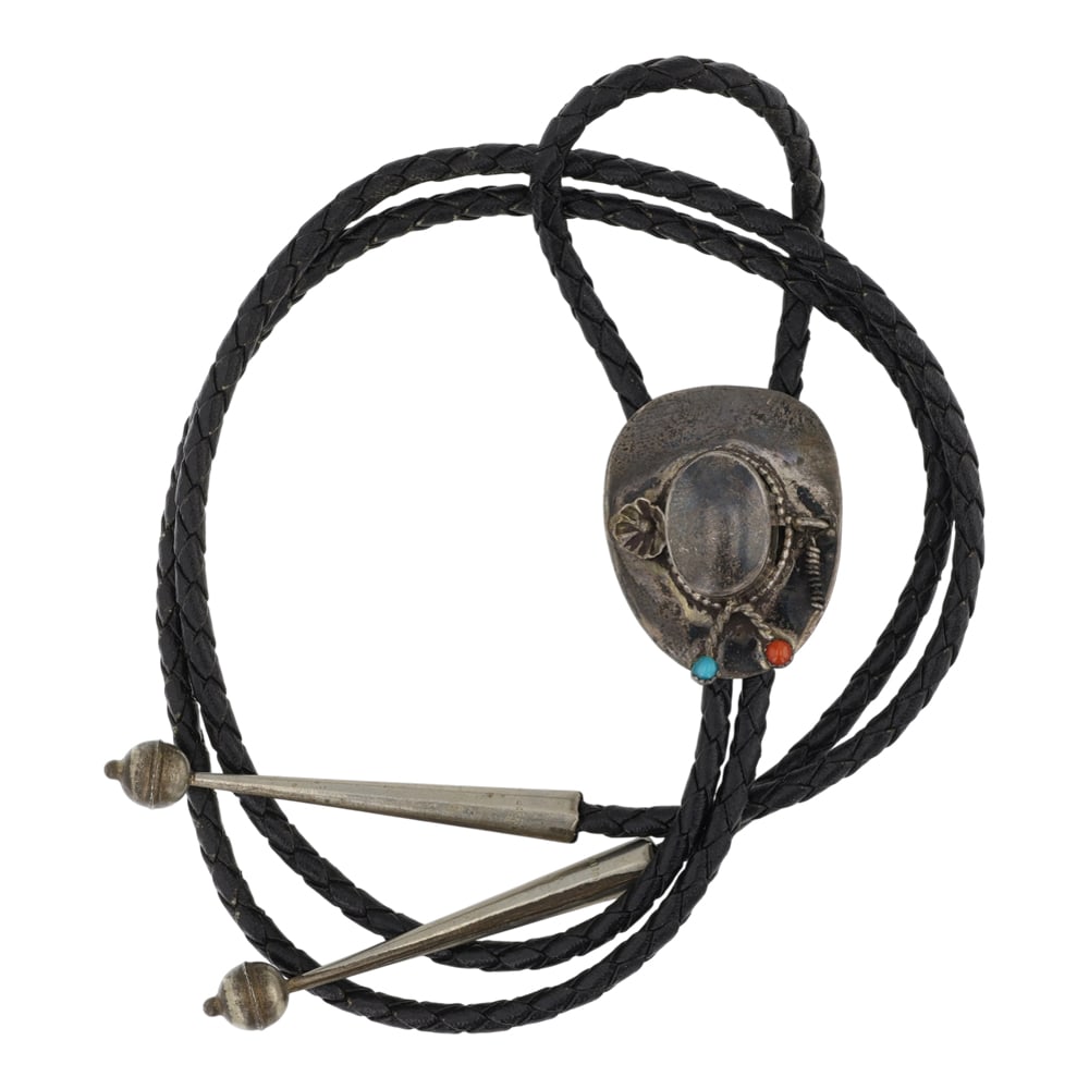 Vintage Navajo Turquoise & Coral Hat Bolo Tie (1 of 3)