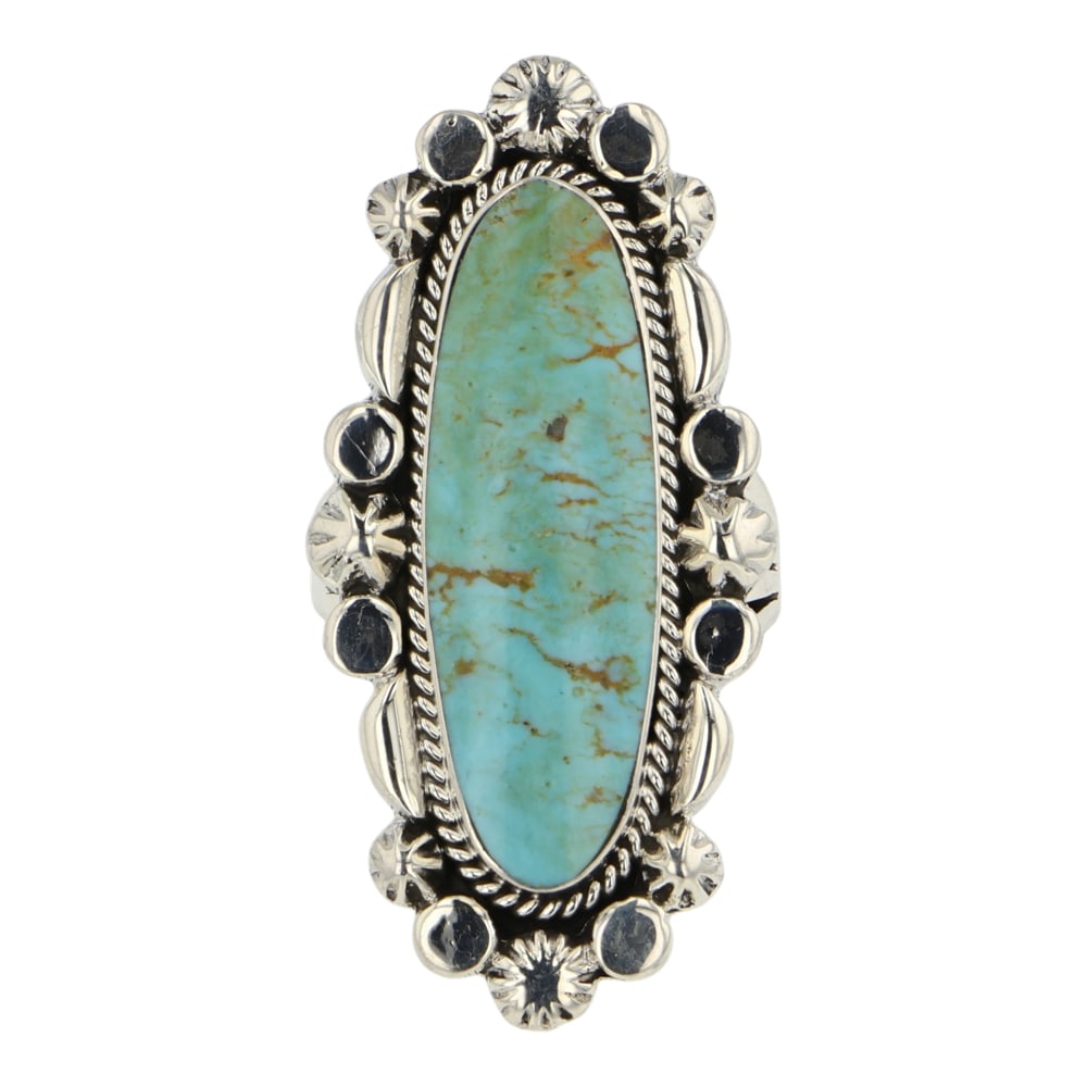 RB Navajo Menassa Turquoise Ring: Sterling Silver | Genuine Menassa Turquoise | RB Navajo Menassa Turquoise Ring | Navajo Native American Southwest Indian Jewelry | Good (no breaks or damages) | Approximate Weight: 16 Grams | Ring: 8