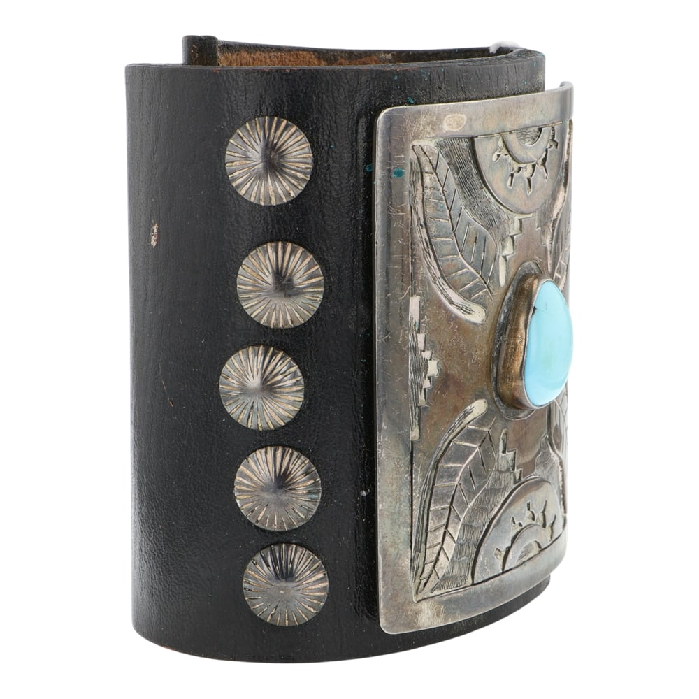 Vintage Navajo Turquoise Sterling Silver & Leather Bow Guard Ketoh - 2