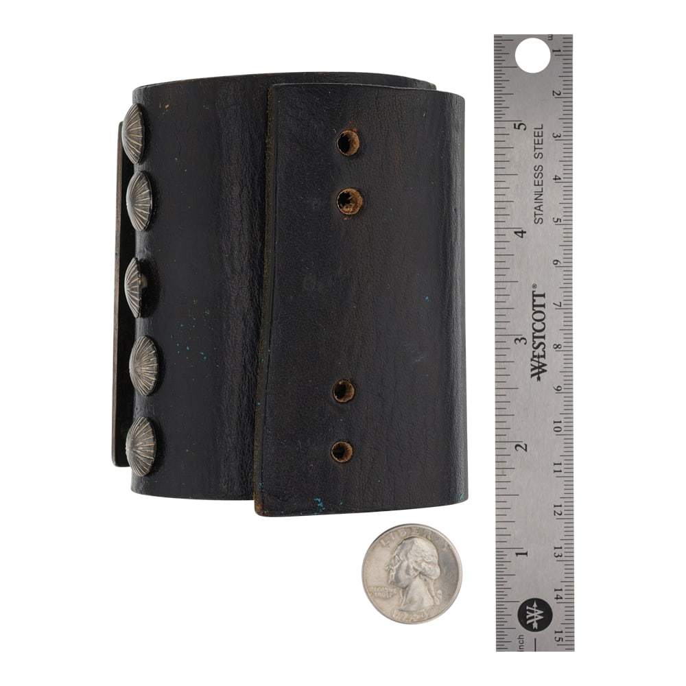 Vintage Navajo Turquoise Sterling Silver & Leather Bow Guard Ketoh - 3