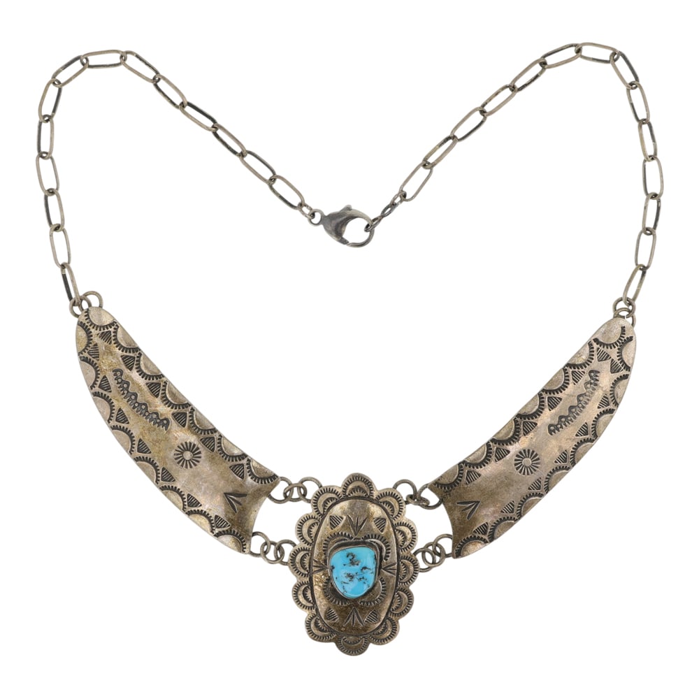 Gerald Mitchell Navajo Vintage Sleeping Beauty Turquoise Stamp Work Choker Necklace: Sterling Silver | Genuine Sleeping Beauty Turquoise | Gerald Mitchell Navajo Vintage Sleeping Beauty Turquoise Stamp Work Choker Necklace | Navajo Native American Southwest Indian Jewelry | Good (no b