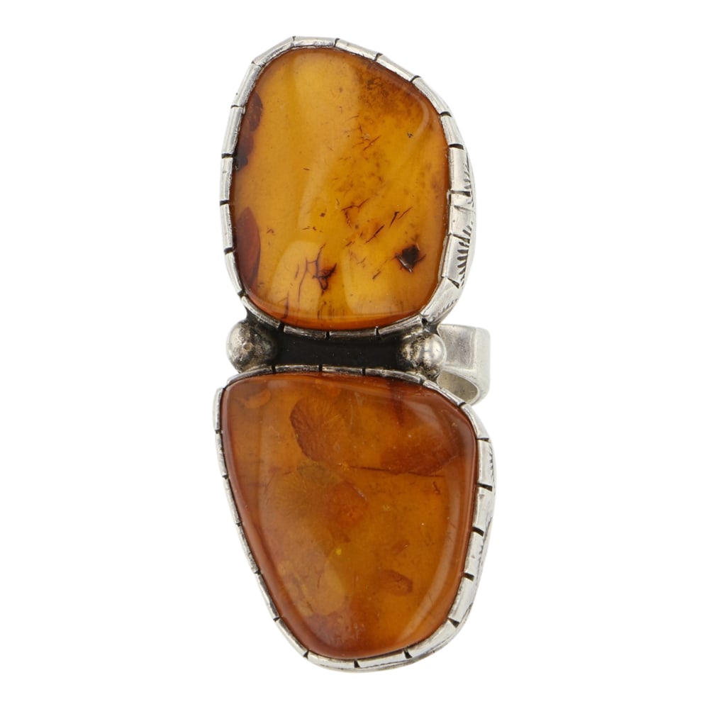Navajo Amber Two Stone Adjustable Ring: Sterling Silver | Genuine Amber | Navajo Amber Two Stone Adjustable Ring | Navajo Native American Southwest Indian Jewelry | Good (no breaks or damages) | Approximate Weight: 18 Grams | Ring: 8 size,