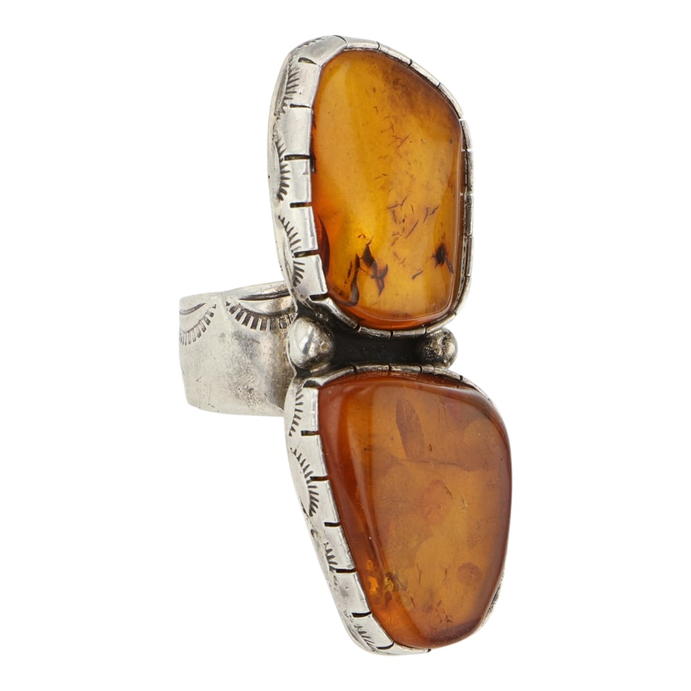 Navajo Amber Two Stone Adjustable Ring - 2