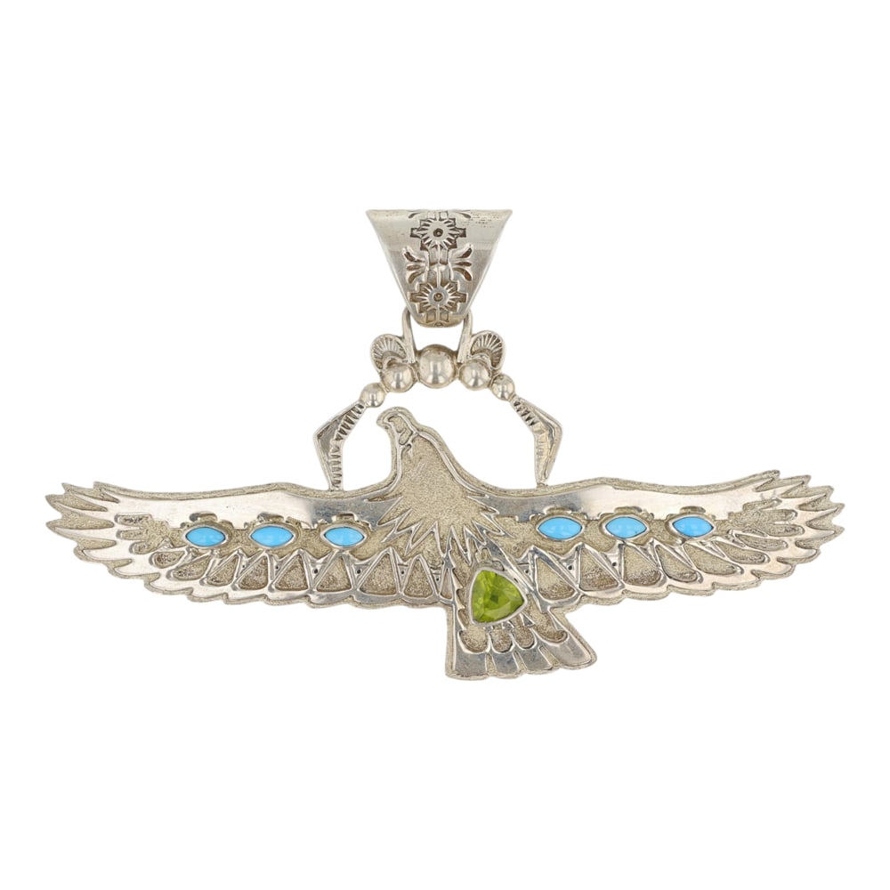 RB Navajo Sleeping Beauty Turquoise & Peridot Eagle Pendant: Sterling Silver | Genuine Sleeping Beauty Turquoise & Peridot | RB Navajo Sleeping Beauty Turquoise & Peridot Eagle Pendant | Navajo Native American Southwest Indian Jewelry | Good (no breaks or damag