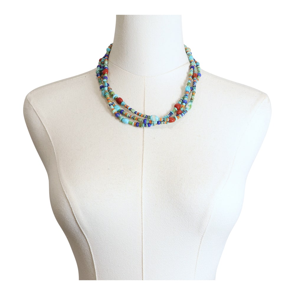 Navajo Three Strand Turquoise Coral Lapis & Spiny Oyster Necklace: Sterling Silver | Genuine Turquoise, Coral, Lapis & Spiny Oyster | Navajo Three Strand Turquoise Coral Lapis & Spiny Oyster Necklace | Navajo Native American Southwest Indian Jewelry | Good (no breaks