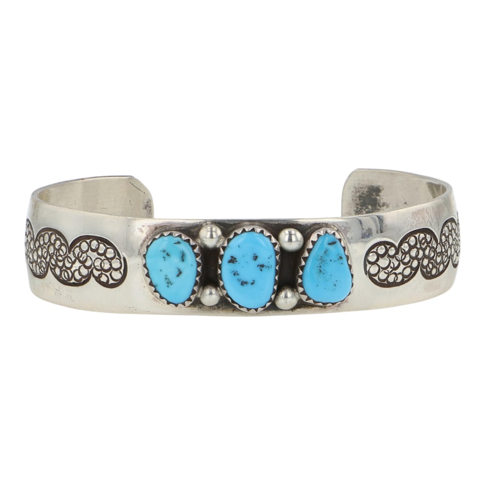 Fred Guerro (1934-2020) Sleeping Beauty Nugget Turquoise Three Stone Bracelet: Sterling Silver | Genuine Sleeping Beauty Turquoise & Peridot | Fred Guerro (1934-2020) Sleeping Beauty Nugget Turquoise Three Stone Bracelet | Navajo Native American Southwest Indian Jewelry | Good (