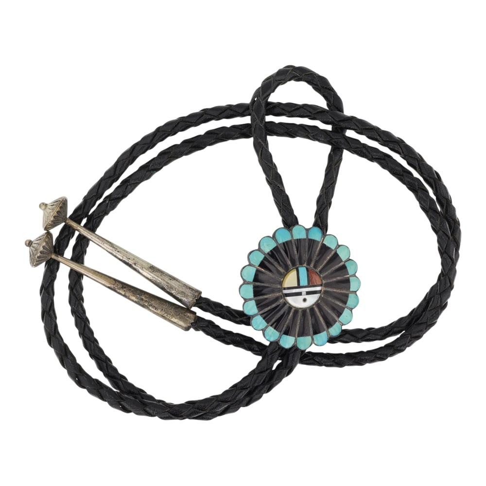 Vintage Zuni Turquoise Coral Mother of Pearl & Jet Inlay Bolo Tie (1 of 3)