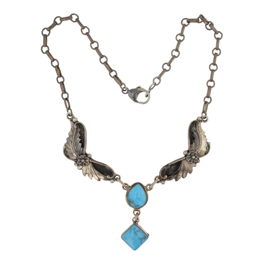 RB Navajo Blue Ridge Turquoise Choker Necklace: Sterling Silver | Genuine Blue Ridge Turquoise | RB Navajo Blue Ridge Turquoise Choker Necklace | Navajo Native American Southwest Indian Jewelry | Good (no breaks or damages) | Approximate