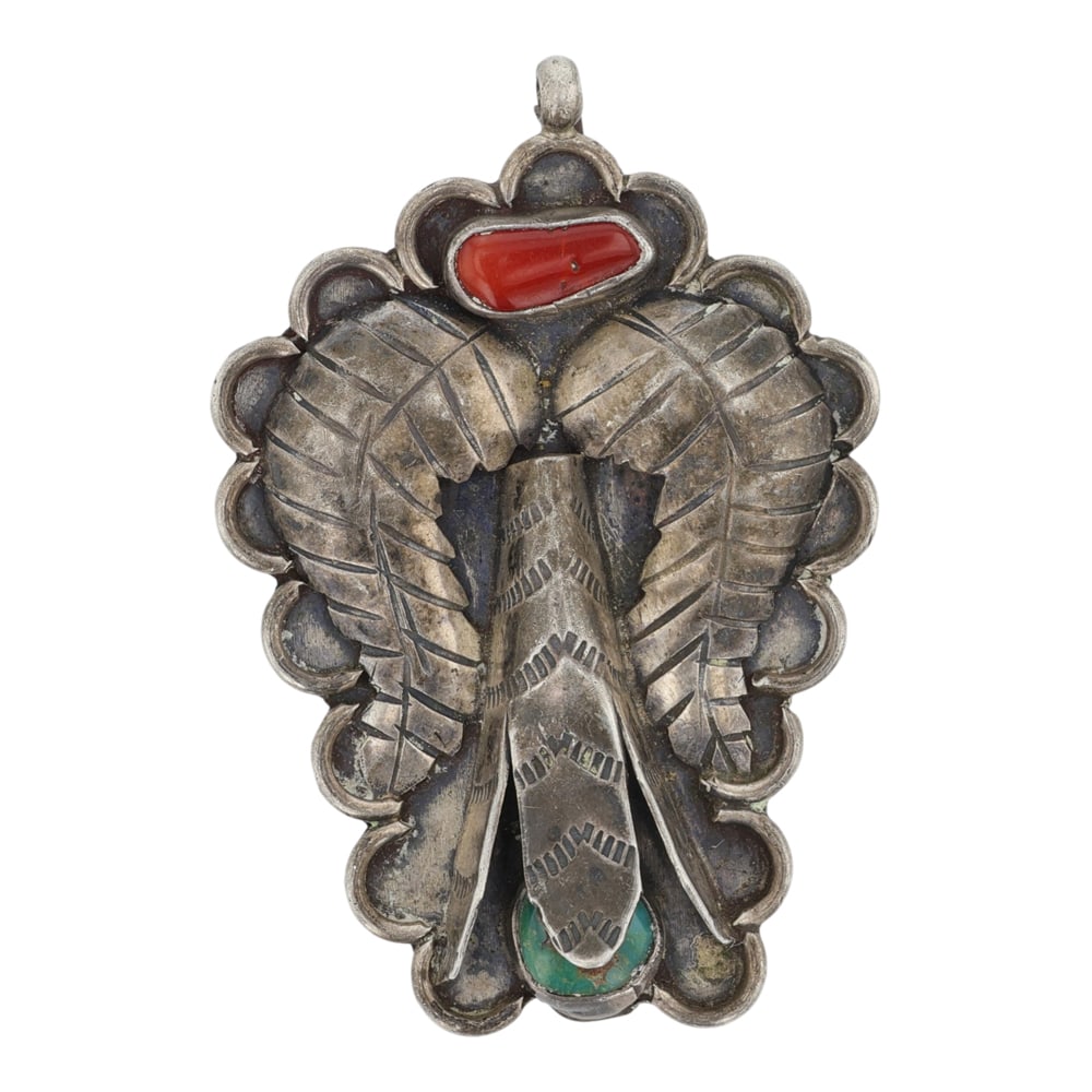 Vintage Navajo Turquoise & Coral Pendant: Sterling Silver | Genuine Turquoise & Coral | Vintage Navajo Turquoise & Coral Pendant | Navajo Native American Southwest Indian Jewelry | Good (no breaks or damages) | Approximate Weight: 16