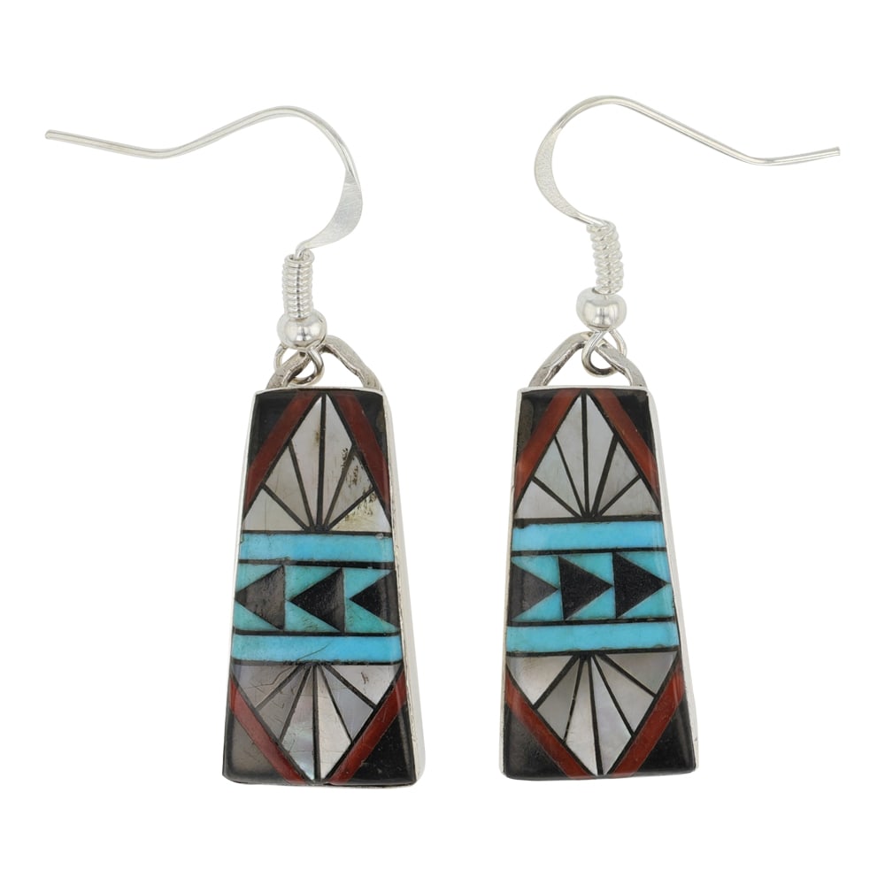 Zuni Turquoise Coral Mother of Pearl Acoma Jet Inlay Earrings (1 of 2)