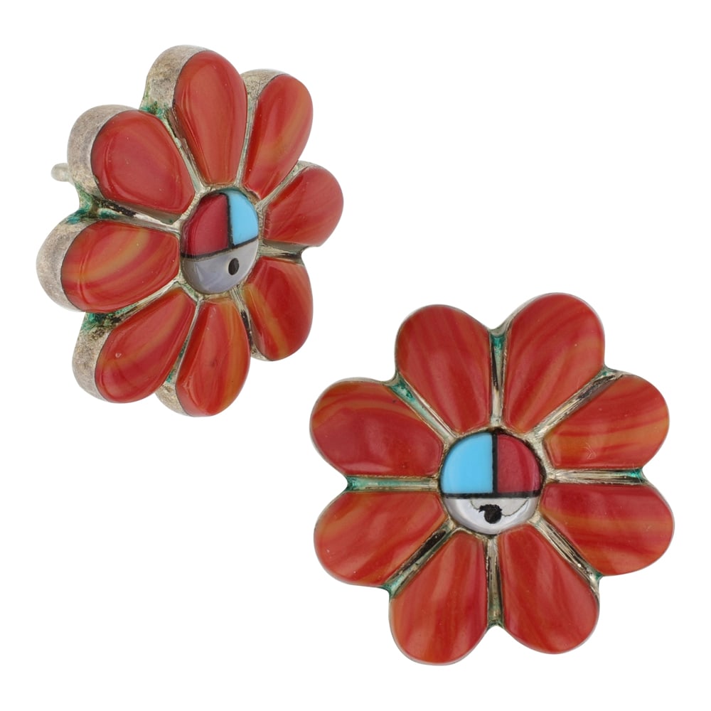 Zui Turquoise Coral & Shell inlay Earrings: Sterling Silver | Genuine Turquoise Coral & Shell | Zui Turquoise Coral & Shell inlay Earrings | Zuni Native American Southwest Indian Jewelry | Good (no breaks or damages) | Approximate Weight: 4 Gra