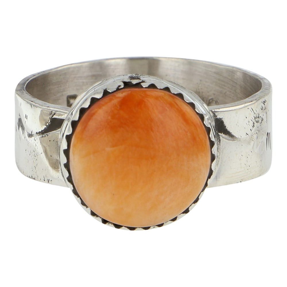 Rick Enriquez Navajo Spiny Oyster Stamp Work Ring: Sterling Silver | Genuine Spiny Oyster | Rick Enriquez Navajo Spiny Oyster Stamp Work Ring | Navajo Native American Southwest Indian Jewelry | Good (no breaks or damages) | Approximate Weight: 6 Grams