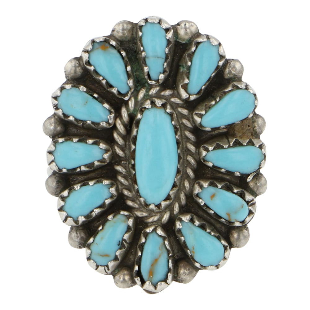 Navajo Cluster Block Ring: Sterling Silver | Block | Navajo Cluster Block Ring | Navajo Native American Southwest Indian Jewelry | Good (no breaks or damages) | Approximate Weight: 4 Grams | Ring: 6 size, 1" x .75" face | Signe